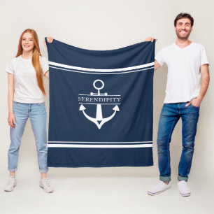 Nautical Decor Boat Anchor Navy White Personalized Fleece Blanket