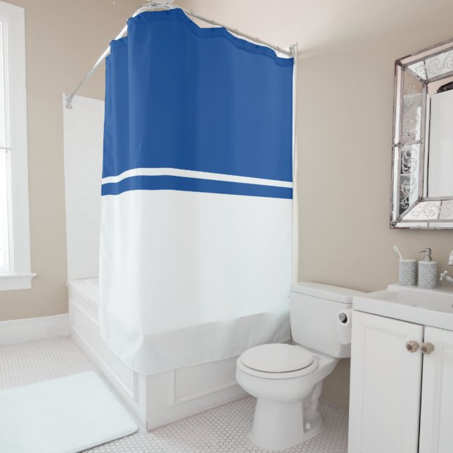 Nautical Deep Blue White Colour Block Stripes Shower Curtain (In Situ)