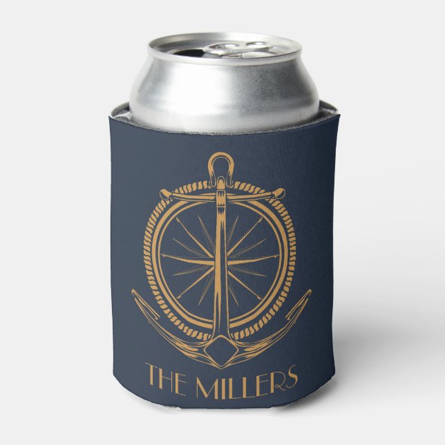 Nautical design with gold compass and anchor can cooler (Can Front)