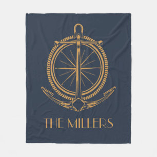 Nautical design with gold compass and anchor fleece blanket