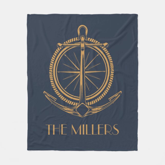 Nautical design with gold compass and anchor fleece blanket (Front)