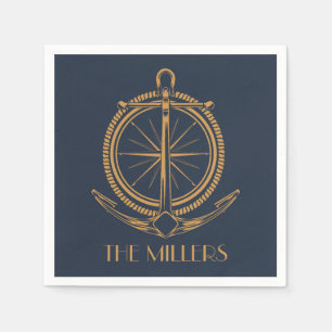 Nautical design with gold compass and anchor napkin