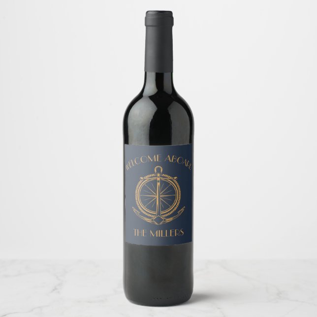 Nautical design with gold compass and anchor wine label (Front)