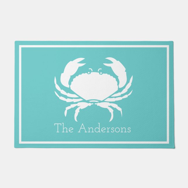 Nautical design with White Crab on Teal Blue Doormat (Front)