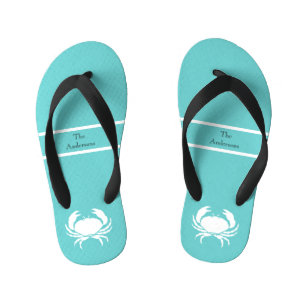 Nautical design with White Crab on Teal Blue Kid's Jandals