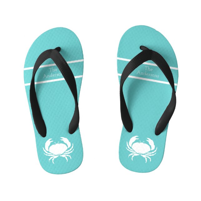 Nautical design with White Crab on Teal Blue Kid's Jandals (Footbed)