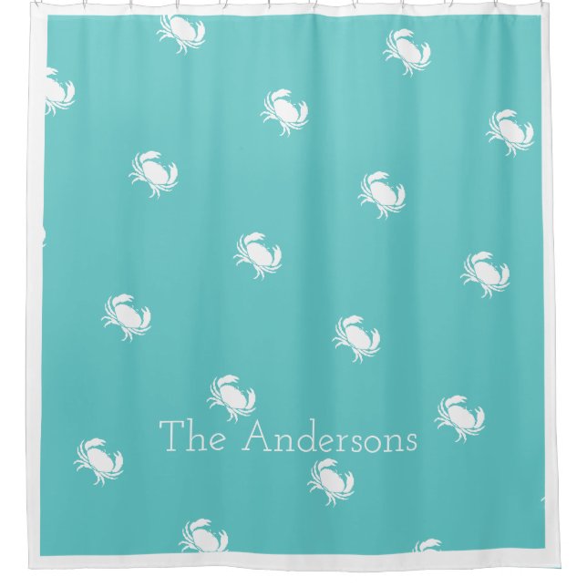 Nautical design with White Crab on Teal Blue Shower Curtain (Front)