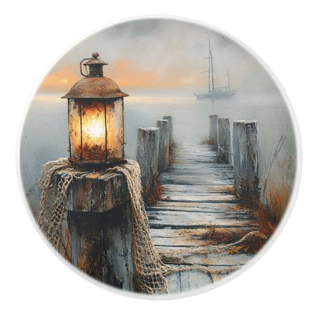 Nautical Dock and Lantern Watercolor Art Ceramic Knob (Front)