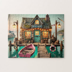 Nautical Dockside Boat Shop Coastal Cottage Jigsaw Puzzle