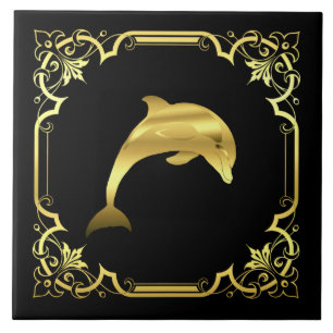 Nautical dolphin jumping silhouette/gold/black tile
