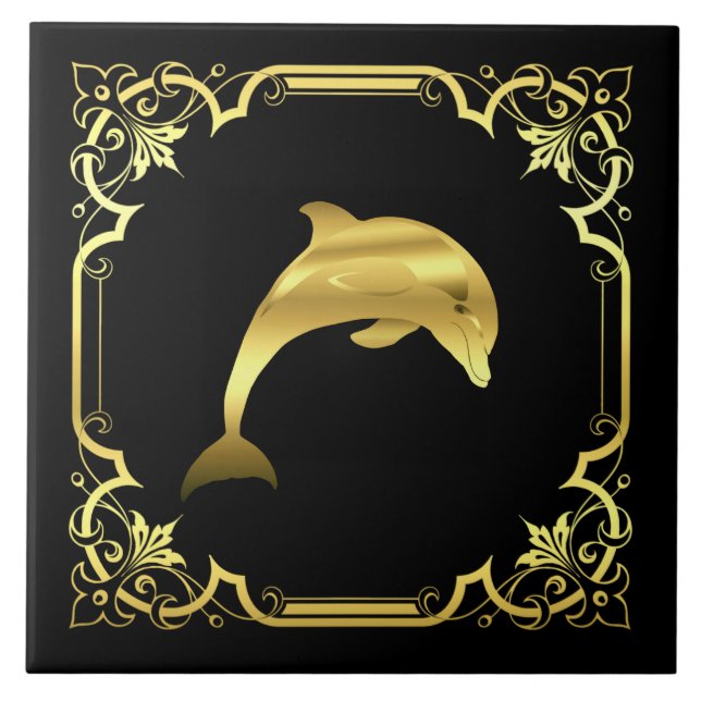 Nautical dolphin jumping silhouette/gold/black tile (Front)
