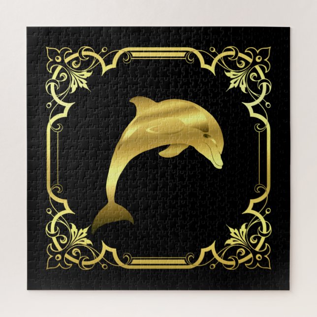 Nautical dolphin silhouette/gold/black/black jigsaw puzzle (Vertical)