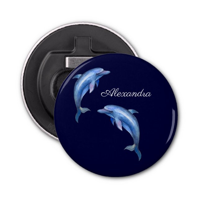 Nautical Dolphin Watercolor Navy Blue Coastal  Bottle Opener (Front)