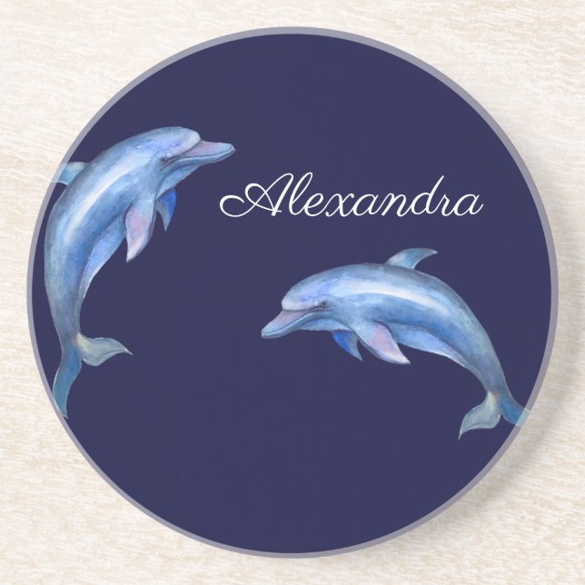 Nautical Dolphin Watercolor Navy Blue Coastal Coaster (Front)