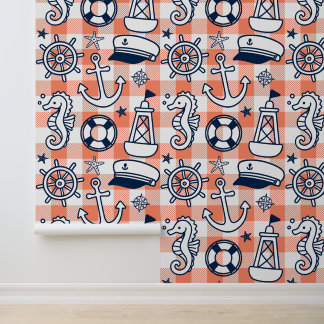 Nautical Doodles – Coral & Navy Coastal Gingham Wallpaper