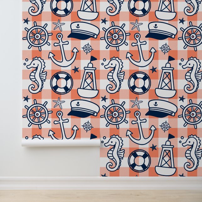 Nautical Doodles – Coral & Navy Coastal Gingham Wallpaper (Application)