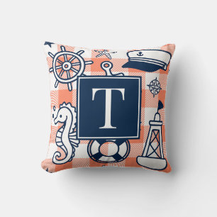 Nautical Doodles – Coral & Navy Gingham Monogram Cushion