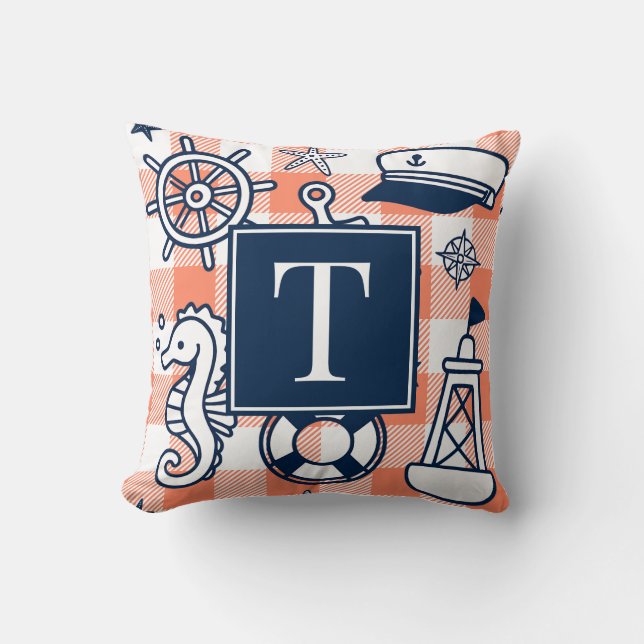 Nautical Doodles – Coral & Navy Gingham Monogram Cushion (Front)