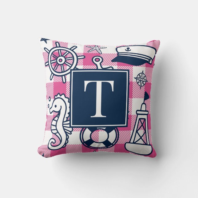 Nautical Doodles – Hot Pink Navy Gingham Monogram Cushion (Front)