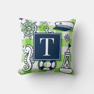 Nautical Doodles – Lime & Navy Gingham Monogram Cushion