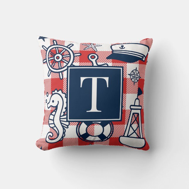 Nautical Doodles – Red & Navy Gingham Monogram Cushion (Front)