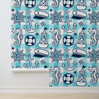 Nautical Doodles – Turqouis & Navy Coastal Gingham Wallpaper