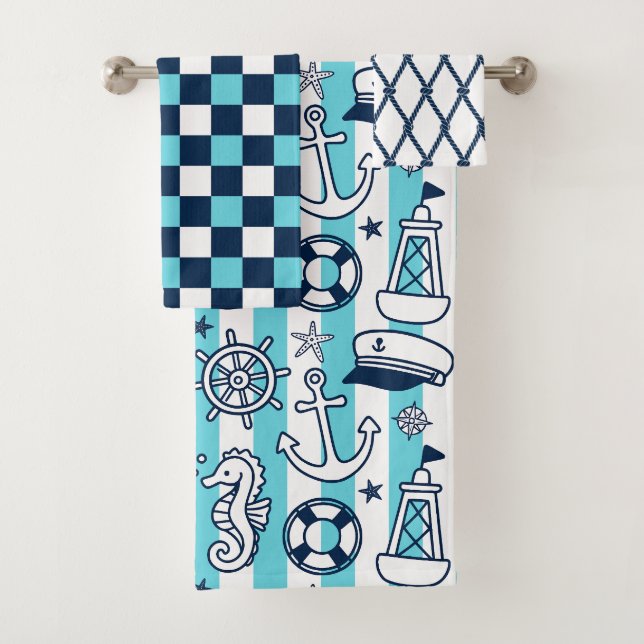 Nautical Doodles – Turquoise & Navy Coastal Stripe Bath Towel Set (Insitu)