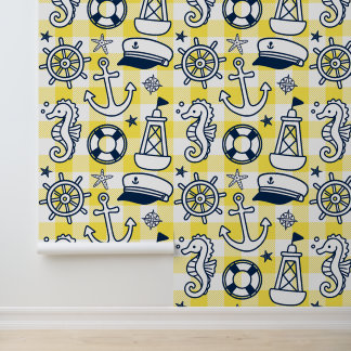 Nautical Doodles – Yellow & Navy Coastal Gingham Wallpaper