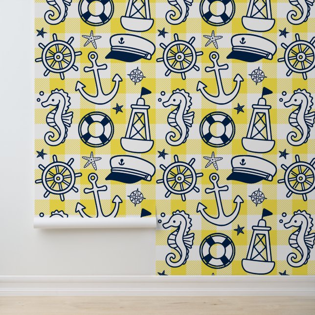 Nautical Doodles – Yellow & Navy Coastal Gingham Wallpaper (Application)