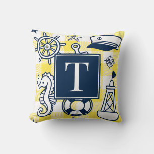 Nautical Doodles – Yellow & Navy Gingham Monogram Cushion