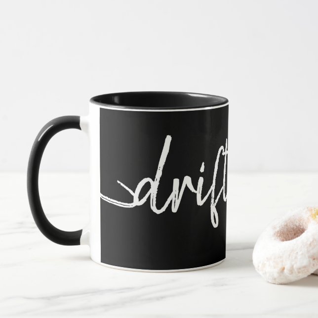nautical DRIFT AWAY script lettering Mug (With Donut)