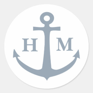 Nautical Dusty Blue Anchor Monogram Classic Round Sticker