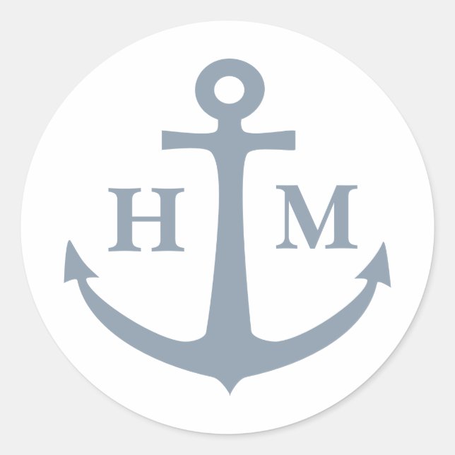 Nautical Dusty Blue Anchor Monogram Classic Round Sticker (Front)