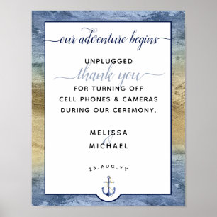 Nautical Dusty Blue & Gold Unplugged #Wedding Sign