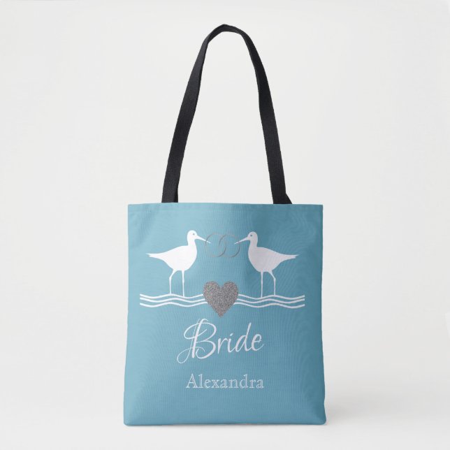 Nautical Dusty Blue Silver wedding sandpipers Tote (Front)