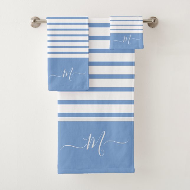 Nautical Dusty Blue white Striped Monogram initial Bath Towel Set (Insitu)