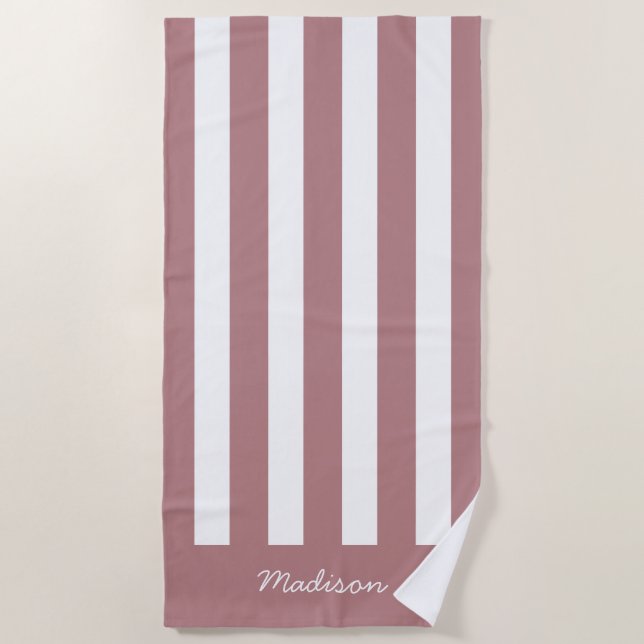 Nautical Dusty Pink & White Striped Custom Name Beach Towel (Front)
