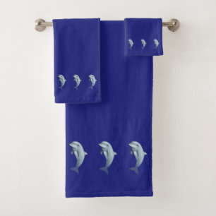 Nautical, Elegant, Dolphins on Navy Blue Bath Towel Set