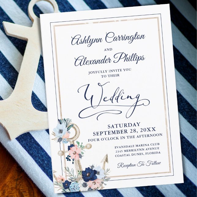 Nautical Elegant Floral Anchor Navy Gold Wedding Invitation (Creator Uploaded)