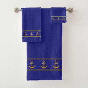 Nautical, Elegant, Golden Anchors on Navy Blue Bath Towel Set