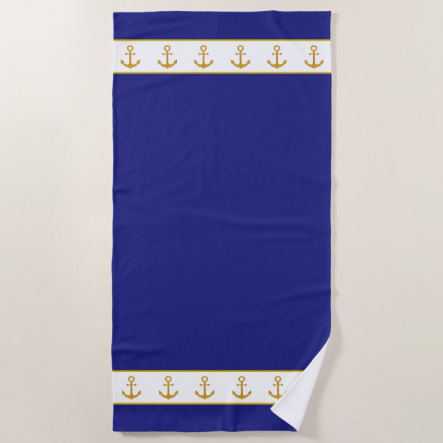 Nautical, Elegant Golden Anchors on Navy Blue Beach Towel (Front)