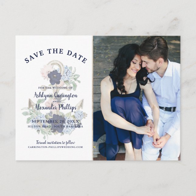 Nautical Elegant Watercolor Floral Navy Blue Announcement Postcard (Front)