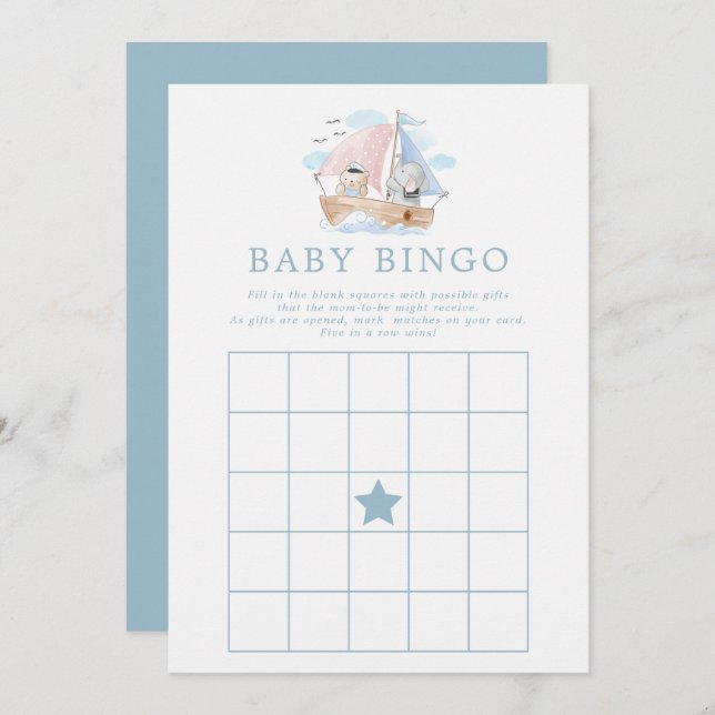 Nautical Elephant Bear Boat Baby Shower Bingo Game Invitation (Front/Back)