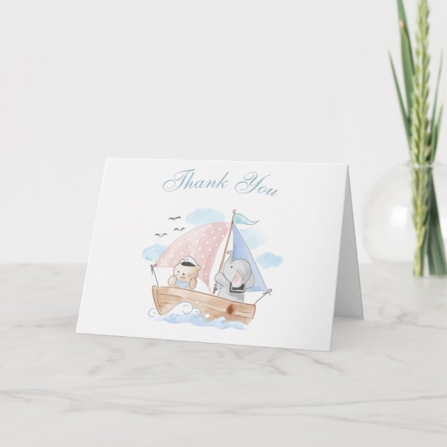 Nautical Elephant Bear Boat Baby Shower Thank You Card (Front)