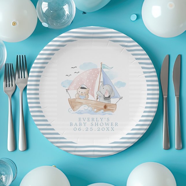 Nautical Elephant Bear Watercolor Boat Baby Shower Paper Plate (Creator Uploaded)