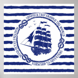 Nautical Emblem With Sailing Ship Poster