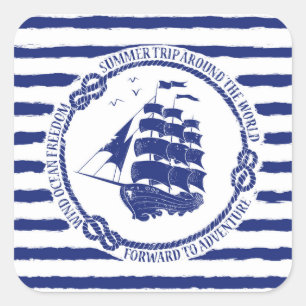 Nautical Emblem With Sailing Ship Square Sticker