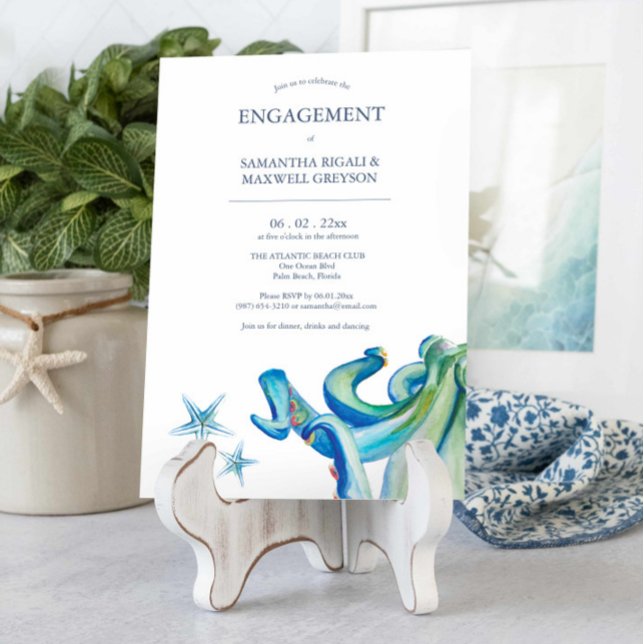 Nautical Engagement Party Invitations Blue Octopus (Unique watercolor engagement invitations feature sea creatures art by Victoria Grigaliunas)