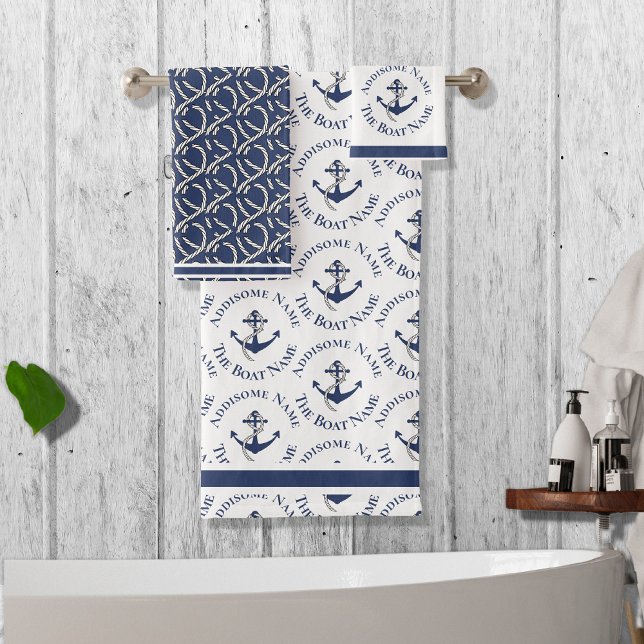 Nautical Family Boat Name Navy Anchor  grey wood   Bath Towel Set (Creator Uploaded)