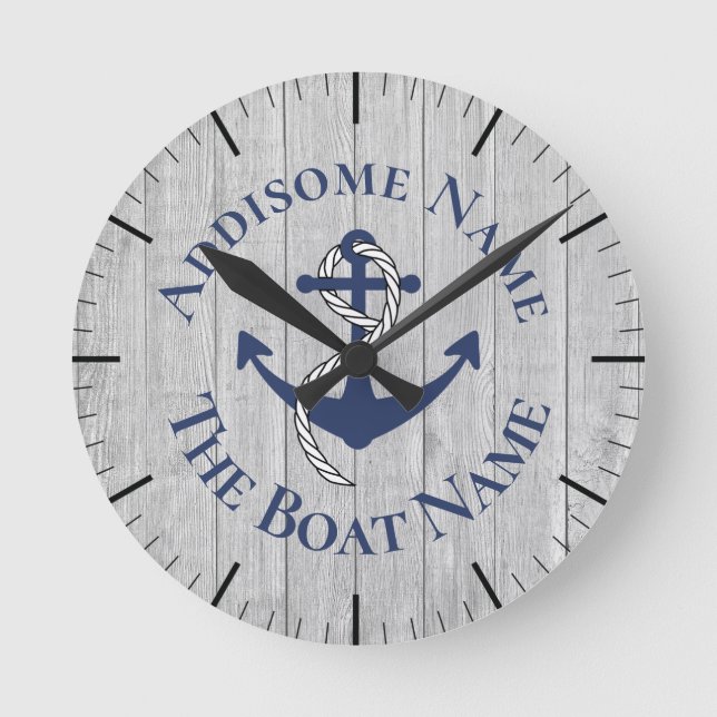 Nautical Family Boat Name Navy Anchor  grey wood   Round Clock (Front)
